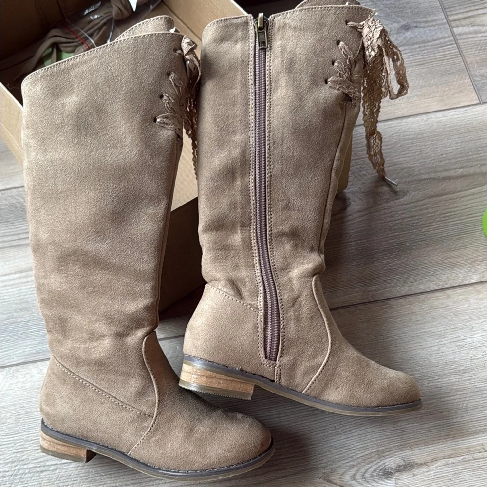Joyfolie Girls Tan Lace-Up Knee-High Boots